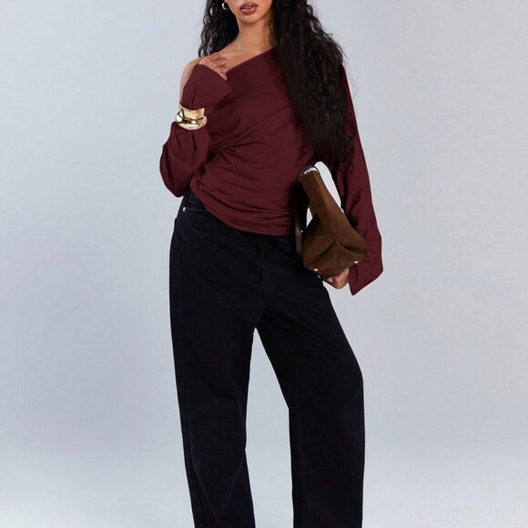 burgundy Casual Women's Asymmetric Collar Drawstring Top - Picture 4 of 7